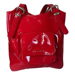 Ted Baker Faux Patent Leather Red Tama Side Zip Tote Floral Lined Bag